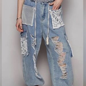 POL Denim Jogger Lace Patch Distressed Boho Boutique Jeans